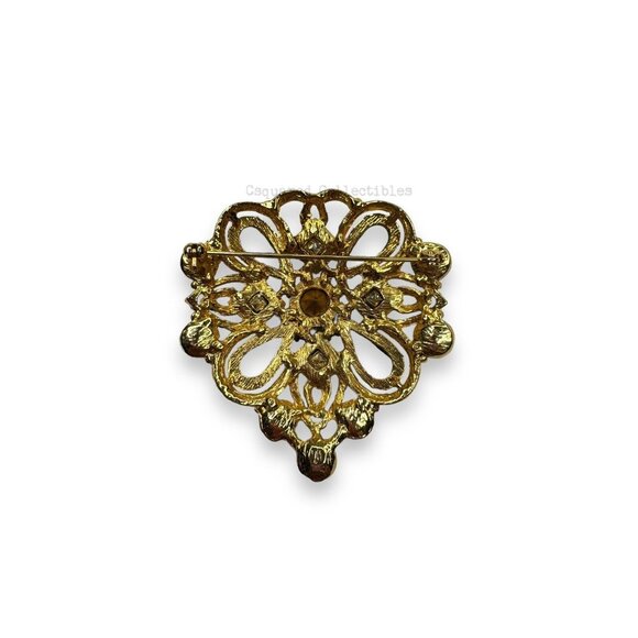 Gold Tone Blue Clear Faceted Crystal & Acrylic Cabochon Brooch - Picture 5 of 9